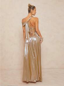 Lumalex Winter Fall Golden Goddess Style Asymmetrical Drawstring Backless Waist Cinched Metallic Striped Maxi Swing Dress For Women Gold Long Dress Metallic Dresses For Women Shiny Dress Champagne Evening Gown Satin Long Dress Glamour Elegant Dress Fall New Style Women Luxury Prom Gathering Party Banquet Modest Old Money Coquette Glitter Holiday Party Rave Festival Outing Vacation Hot Outdoor Richly Layered Wedding Season Banquet Christmas New Year Chic Autumn Fall New Style Women Gala Night Delicate Romance Open Back Dresses PartyMustHave