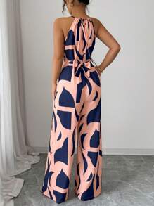 Elenzga 女士优雅印花面料褶皱连体裤，适合度假和日常穿着 - 彩色 - 查看 2