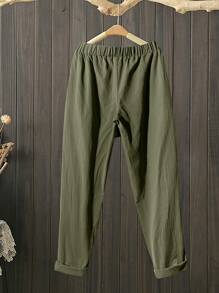 Linhara 大码休闲松紧腰宽松灰色裤子 - 軍綠色 - 查看 2