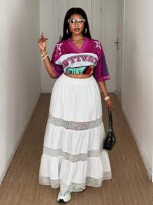 Maweii 1 pieza Falda elástica de cintura alta con parche de encaje, unicolor, moda casual de uso diario para mujer de talla grande, primavera/verano - Blanco - Ver 2