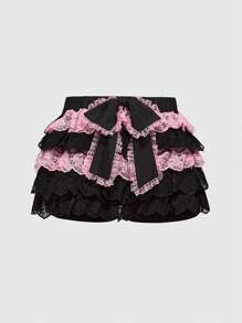 ROMWE Kawaii Vintage Shibuya Gyaru多层蕾丝蛋糕复古甜美低腰荷叶边蕾丝大蝴蝶结大码半身裙 - 黑色 - 查看 2