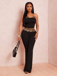 Radiana 2pcs/Set Women Y2K Casual Street Style Black Patchwork Leopard Print Camisole Top And Super Low Waist Long Pants, Spring/Summer - Black - View 4