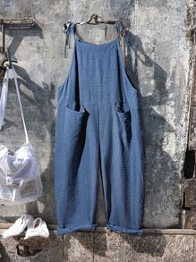 Linhara 大码纯色系带口袋休闲宽松连体裤 - 藍色 - 查看 3