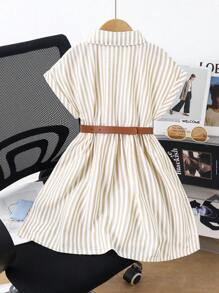 Elladie kids 女童宽松梭织落肩条纹领纽扣衬衫裙，配时尚腰带，休闲/度假装，春季 - 杏色 - 查看 2