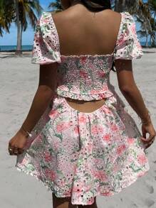 SHEIN EZwear Tea Party Dress Pink Short Romantic Embroidered Summer Dress Island Vacation Beach Dress - White - View 2