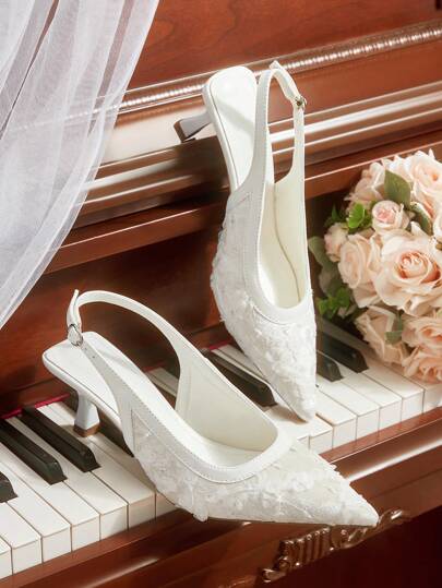 CUCCOO HITCHD 1 Pair White Lace Pointed Toe Cut-Out High Heel Pumps, Bridal & Vacation Vibe For Women For Christmas Elegant Shoes