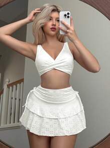 Swim Mod Women's Summer Beach 3pcs Set: Cute Solid Color Knitted Jacquard Fabric Top With Criss-Cross Bust & Double Layer Cake-Style Mini Skirt With Bow Side, Swimsuit
