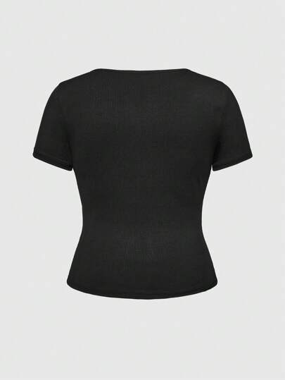 Kawaii Camiseta casual de verano para mujer talla grande de unicolor con cuello en forma de corazón y volantes en las mangas cortas