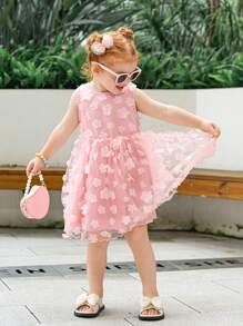 Young GirlPink 3D Floral Print Mesh Party Dress - Pink - View 3