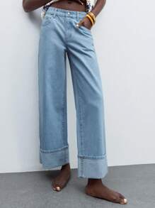 Maija 女士秋季休闲低腰阔腿牛仔裤，适合城市通勤、商务、休闲装、办公室、派对 - 淺色水洗藍 - 查看 4