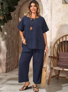 EMERY ROSE Conjunto de 2 piezas de talla grande para mujer con blusa de manga murciélago de cuello redondo azul marino y pantalones con bolsillos para el verano - Azul Marino - Ver 3