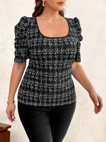 Chikora Curvy Plus Size Women's Business Commuting Retro Elegant Plaid Lapel Puff Sleeve Casual Knitted T-Shirt,Summer Outfits For Women,Business Casual Woman, Office Outfits For Women, Casual Office Outfits Women, Women Office Clothes,Work Clothes Women,Old Money Style Women,Spring Outfits For Women,Vacation,Spring Break,Going Out Outfits,Classy,Modest, - Black - View 5