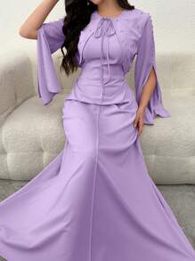 Modelyn 2 件套女士优雅短款夹克，带水钻装饰和紧身连衣裙，春夏 - 淡紫色 - 查看 3
