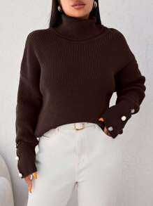 EURMUSE Plus Size Solid Color Minimalist Turtleneck Long Sleeve Pullover Sweater, Casual Everyday Wear - Brown - View 1