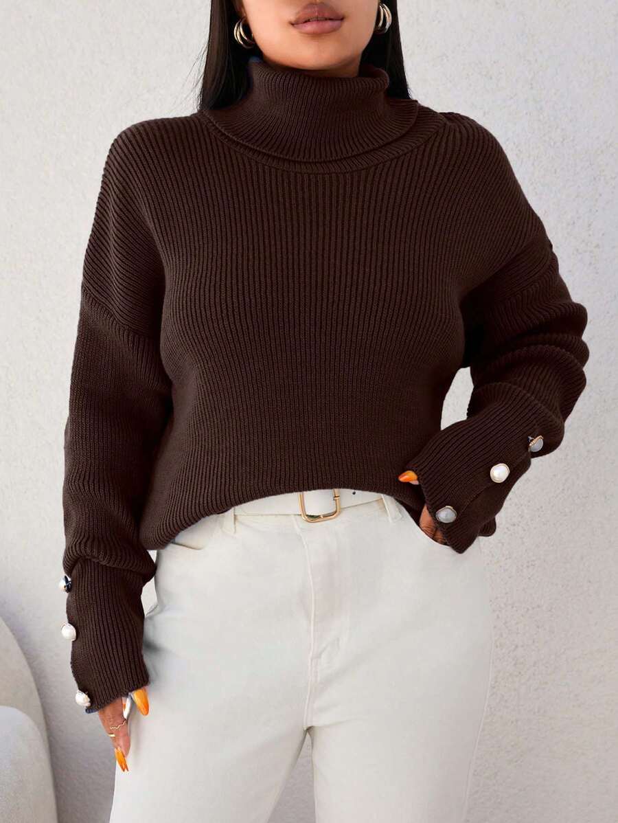 EURMUSE Plus Size Solid Color Minimalist Turtleneck Long Sleeve Pullover Sweater, Casual Everyday Wear - Brown - View 1