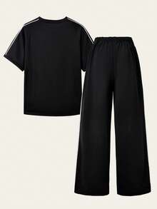 SHEIN Explorewe 2 pezzi Set di pantaloni sportivi e maglietta a girocollo con stampa di lettere per ragazzi adolescenti - nero - Visualizzare 2