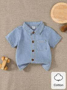 SHEIN Playful Pals Baby Boys' Casual Daily Light Blue Denim Shirt With Pocket Design Short Sleeve Top, Comfortable & Versatile For Outings Or Home Wear - Blue - View 1
