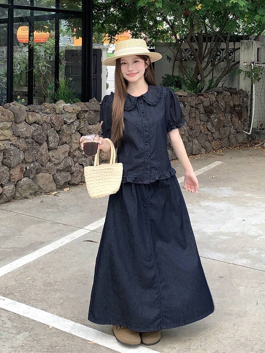 DAZY 女士休闲水洗泡泡袖衬衫和宽松牛仔裙两件套，返校服装 - 藍色 - 查看 1