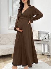 Lace Patchwork Deep V-Neck Waist Design Bell Sleeve Maternity Sleepwear Dress, Fall - Brown - View 3