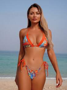 Swim Vcay 2 pièces/set Top de bikini noué avec impression de plante tropicale et bas triangulaire pour femmes en vacances d'été - Orange - Voir 3