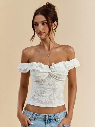 SHEIN BAE Spring And Summer Solid White Texture Floral Three-Dimensional Knitted Off-Shoulder Lotus Leaf Collar Tight-Fitting Elegant Ladies Tops,Summer Tops, Top,Vacation,White Top,Crop Tops,Cute Tops,Valentine's Day