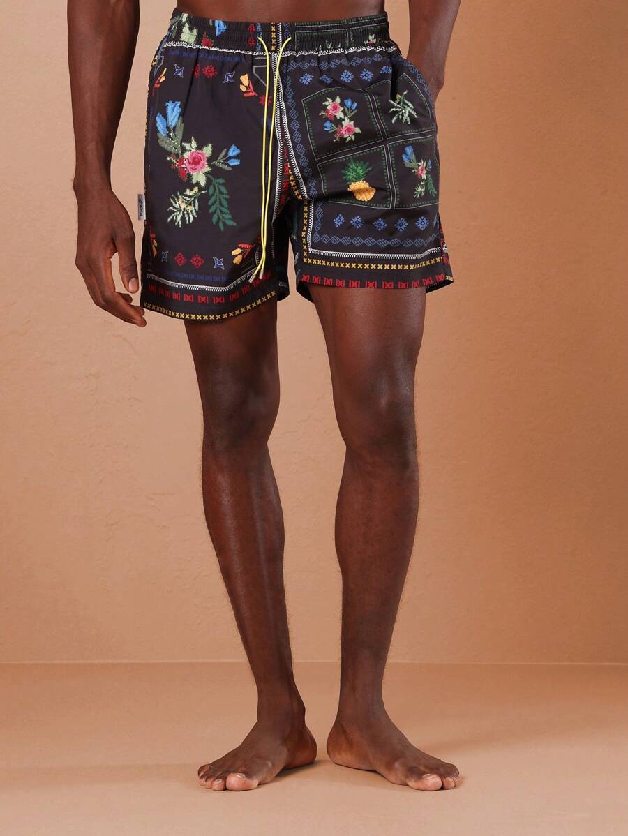 SUMWON 夏威夷花卉印花泳裤热带海滩度假夏季泳池派对菠萝图案运动沙滩短裤冲浪短裤抽绳休闲服 - 彩色 - 查看 1