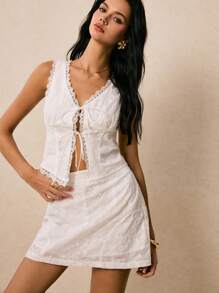 Poéselle 2件套女士蕾丝边无袖上衣和裙子套装 - 白色 - 查看 3