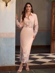 ZEYLAH 2 pièces Ensemble tenue à manches longues de style vacances avec imprimé dentelle pour le printemps/été - Multicolore - Voir 1