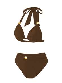 Swim Vcay 2 件套女士露背纯色泳衣，性感比基尼，休闲优雅舒适海滩度假泳装 - 棕色 - 查看 4