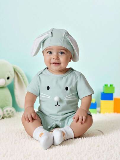 SHEIN 2pcs Baby Boys Cute Rabbit Shaped Playsuit With 3D Bunny Ear Hat, Suitable For Easter, Daily Wear, Birthday Photos, Costume Party