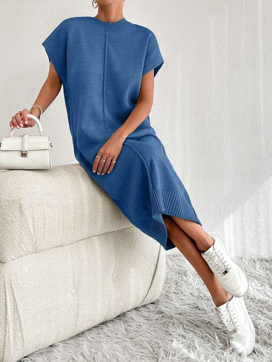 EURMUSE Solid Button Detail Batwing Sleeve Sweater Dresss,Winter Dresses For Women,Petite - Navy Blue - View 1