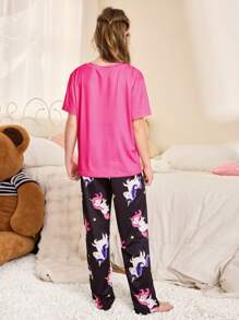 FamilyFrolics Conjunto de pijama con Top de manga corta con cuello redondo y pantalón largo con estampado de dibujos animados para niñas mayores