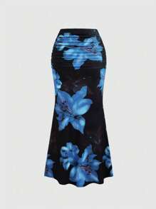 Sweetra 女式花卉印花松紧腰褶饰鱼尾长裙