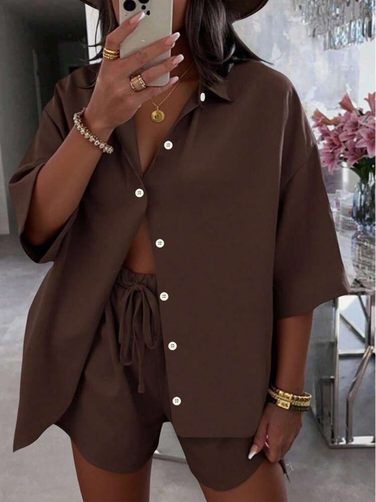 SHEIN LUNE 2件大码女式宽松休闲纯色衬衫套装 - 棕色 - 查看 3