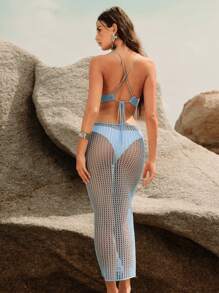 Anewsta 女士度假纯色亮片露背吊带泳衣罩衫裙 - 棕色 - 查看 6