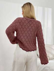 SHEIN Cottnline Women Pointelle Knit Round Neck Sweater With Striped Hem - Dusty Pink - View 3