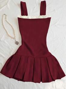 SHEIN Women Summer Bowknot Decor Patchwork Pleated Hem Cami Dress - Red - View 2