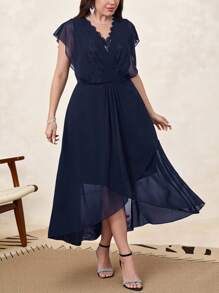 SHEIN Clasi Plus Size Women Solid Color Contrast Lace Batwing Sleeve Elegant Dress - Navy Blue - View 7