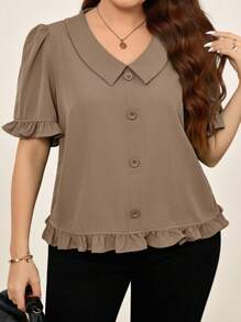 SHEIN Clasi Blusa de manga abullonada de unicolor informal/para trabajo en talla grande - Caqui - Ver 7
