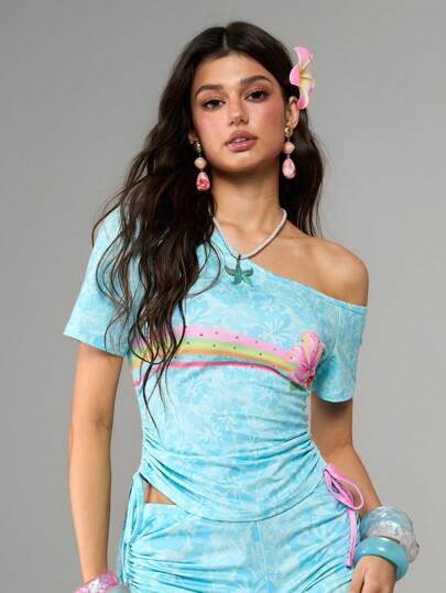 ROMWE Avant Damen Strass Muster asymmetrischer Kragen Kurzarm T-Shirt