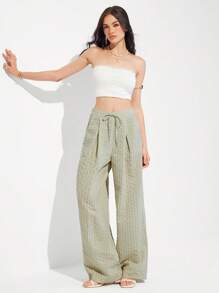 Roylia Pantaloni largi pentru femei, culoare solidă, cu șnur, drepți, cu picior larg - Verde - Vizualizare 6
