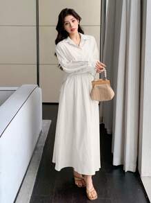 DAZY Women Solid Color Long Sleeve Single-Breasted Shirt And Midi Skirt 2pcs Casual Set