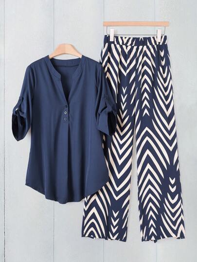 Rusticease Women's Solid Color Turn-Up Sleeve Shirt And Casual Stripe Fabric Pants Two-Piece Suit Lounge Sets For Women