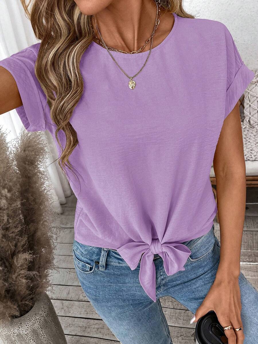 SHEIN LUNE Blusa casual de mujer de unicolor con nudo delantero y manga corta, básica para primavera/verano y uso diario - Púrpura malva - Ver 1