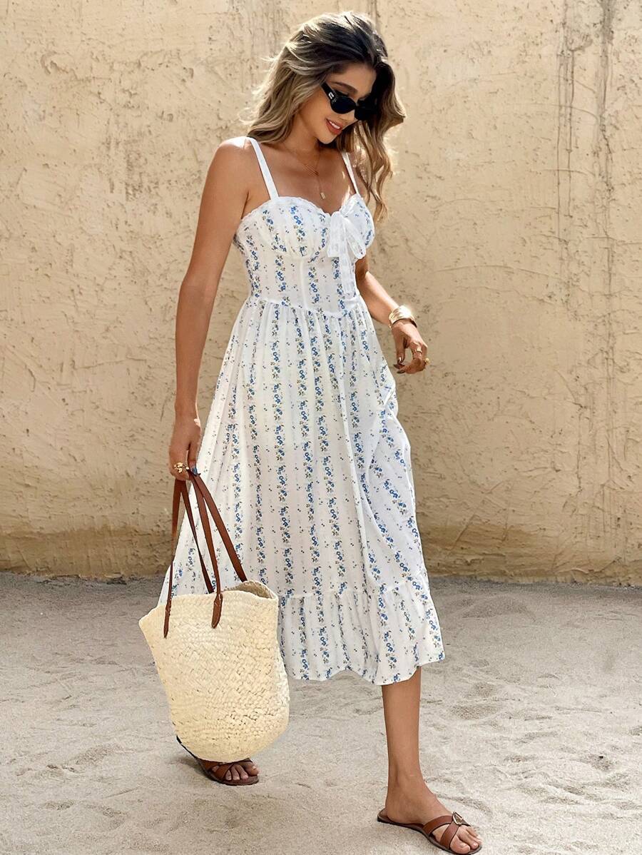 SHEIN Frenchy 女士花卉印花扭结无袖中长连衣裙，休闲度假沙滩裙 - 藍白色 - 查看 1
