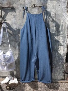 Linhara 大码纯色系带口袋休闲宽松连体裤 - 藍色 - 查看 2