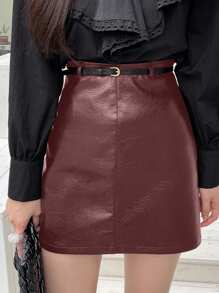 DAZY Women Solid Color PU Leather Short Wrap Skirt, All Season,Back To School Clothes Fall Skirts - Burgundy - View 5