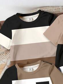 SHEIN 4pcs Young Boys' Casual Chic Colorblock Patchwork Pattern Short Sleeve T-Shirts, Comfortable, Suitable For Spring/Summer