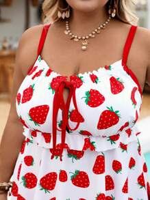 SHEIN CURVE+ Bộ đồ bơi tankini dây đeo họa tiết dâu tây casual cho nữ size lớn, trang phục đi biển mùa hè/về quê/kỳ nghỉ bãi biển/đồ đi biển/đồ tắm cho nữ - Nhiều màu - Xem 9