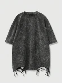 Chillumni Men's Letter Print Distressed Casual Short Sleeve T-Shirt For Summer, 2000s Style - Black - View 2